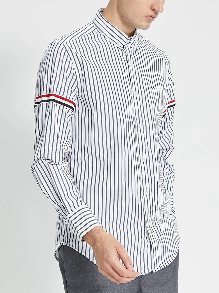 TB THOM Men's Shirt Clothing Summer Top Fashion Brand Striped Armband Slim Casual  Poplin Fine Cotton Long Sleeve Women's Shirts