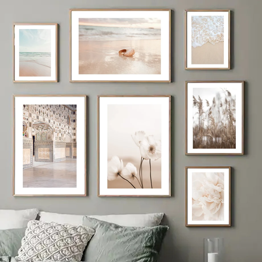 

Цветок тростник спокойный пляж волны раковина Марокканская дверь скандинавский плакат искусство печати фотографий для гостиной