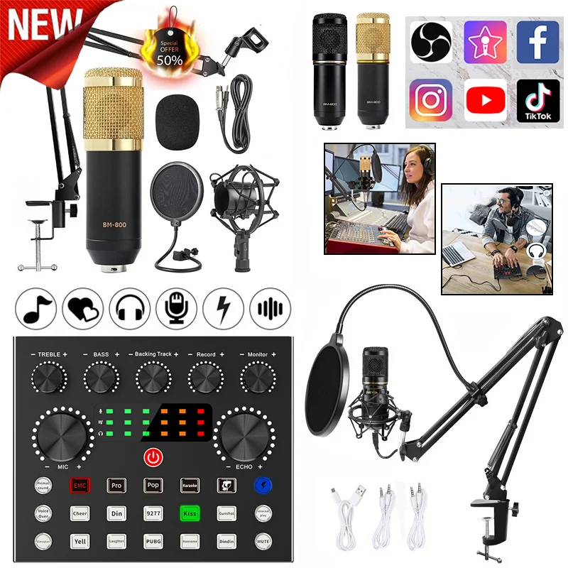 

BM800 Microphone Kits with Live Sound Card,Adjustable Suspension Scissor Arm,Shock Mount and Pop Filter for Studio Recording