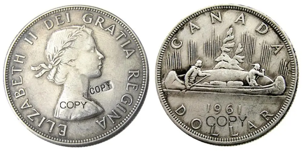 

Посеребренные копии канадских долларов Элизабет II (1953-1966), набор из 12 штук