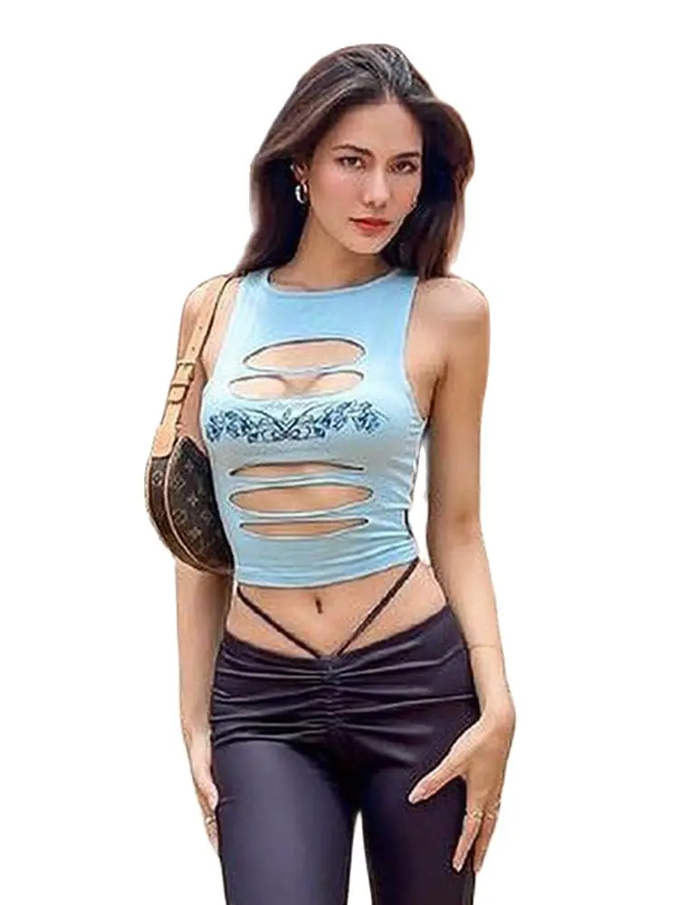 

Женский топ с открытым пупком, повседневный однотонный пикантный топ с круглым вырезом, без рукавов и с дырками, лето 20222