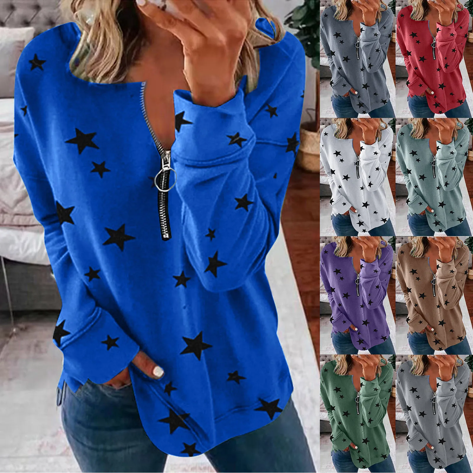 

Knit Shirt Women's Pullover Lapel Zipper Leg Pattern Sweater Neon Top