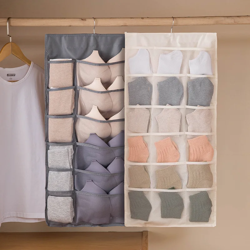 

3pcs/Set Dual Sided Wardrobe Storage Bags Non-woven Fabric Closet Underwear Hanging Organizer Bag with Rotating Metal Hanger