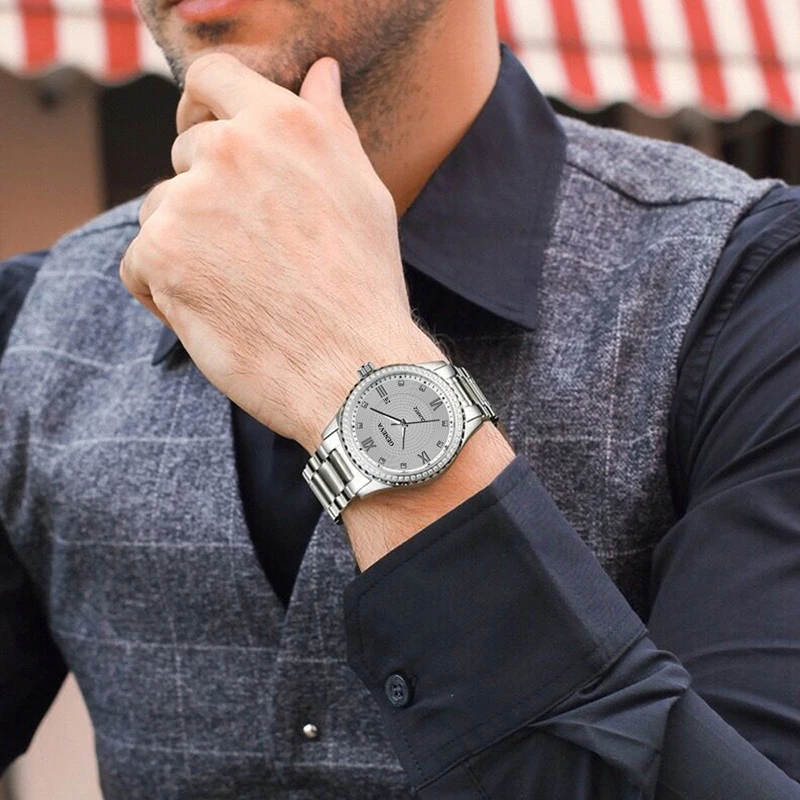 GENEVA Top luxury men's watch circular diamond dial automatic calendar tungsten steel strap men's watch clock timer
