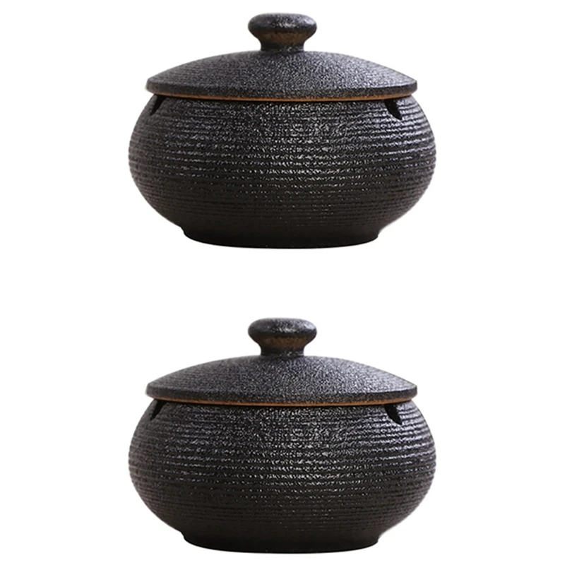 

2X Ceramic Ashtray With Windproof Lid For Indoor Outdoor Use -Black