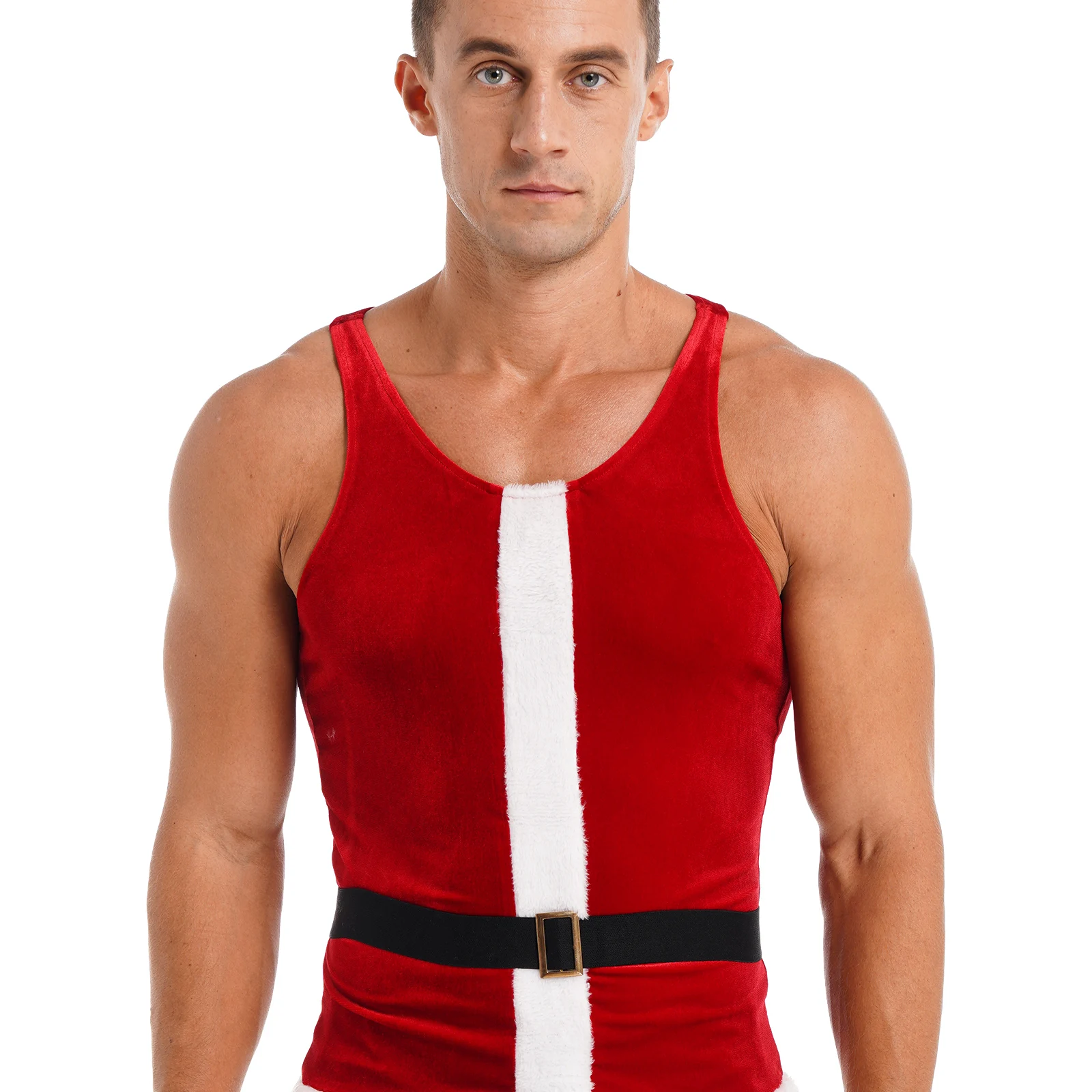 Mens Christmas Santa Claus Costume Flannel Trim Velvet Tank Top Nightwear Sleeveless T-shirt with Belt Xmas New Year Clothes