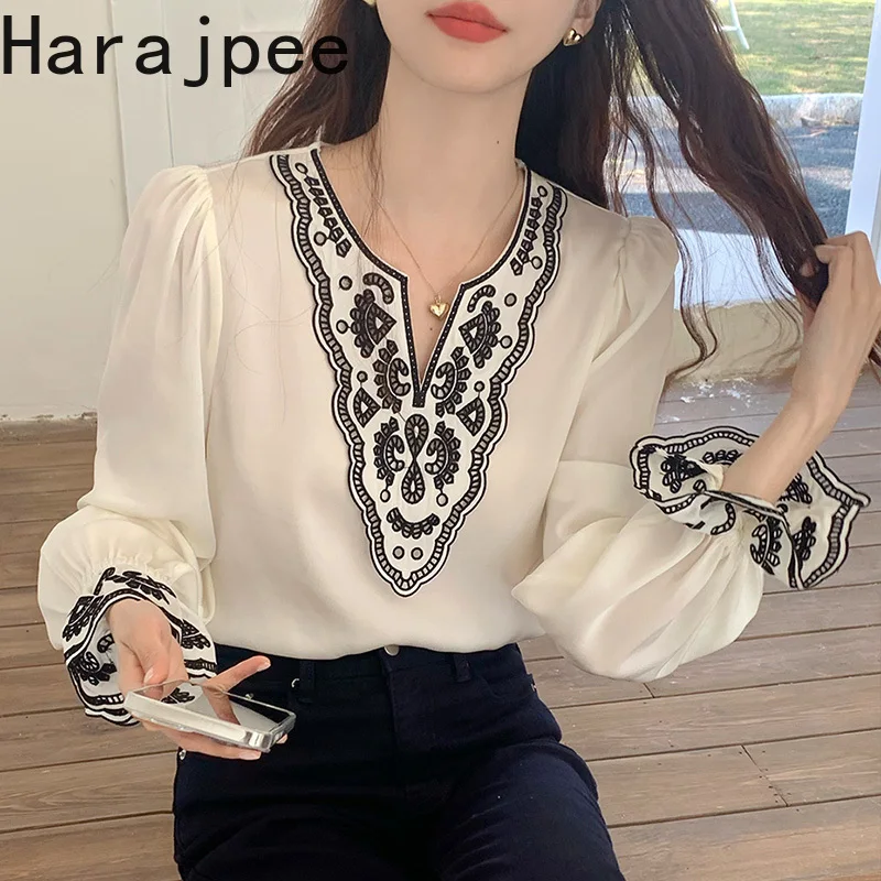 

Harajpee V Neck Shirt Hook Flower Hollow Pullover Korean Chic Elegant Lace Stitching Loose Flare Sleeve Spring New Women Tops