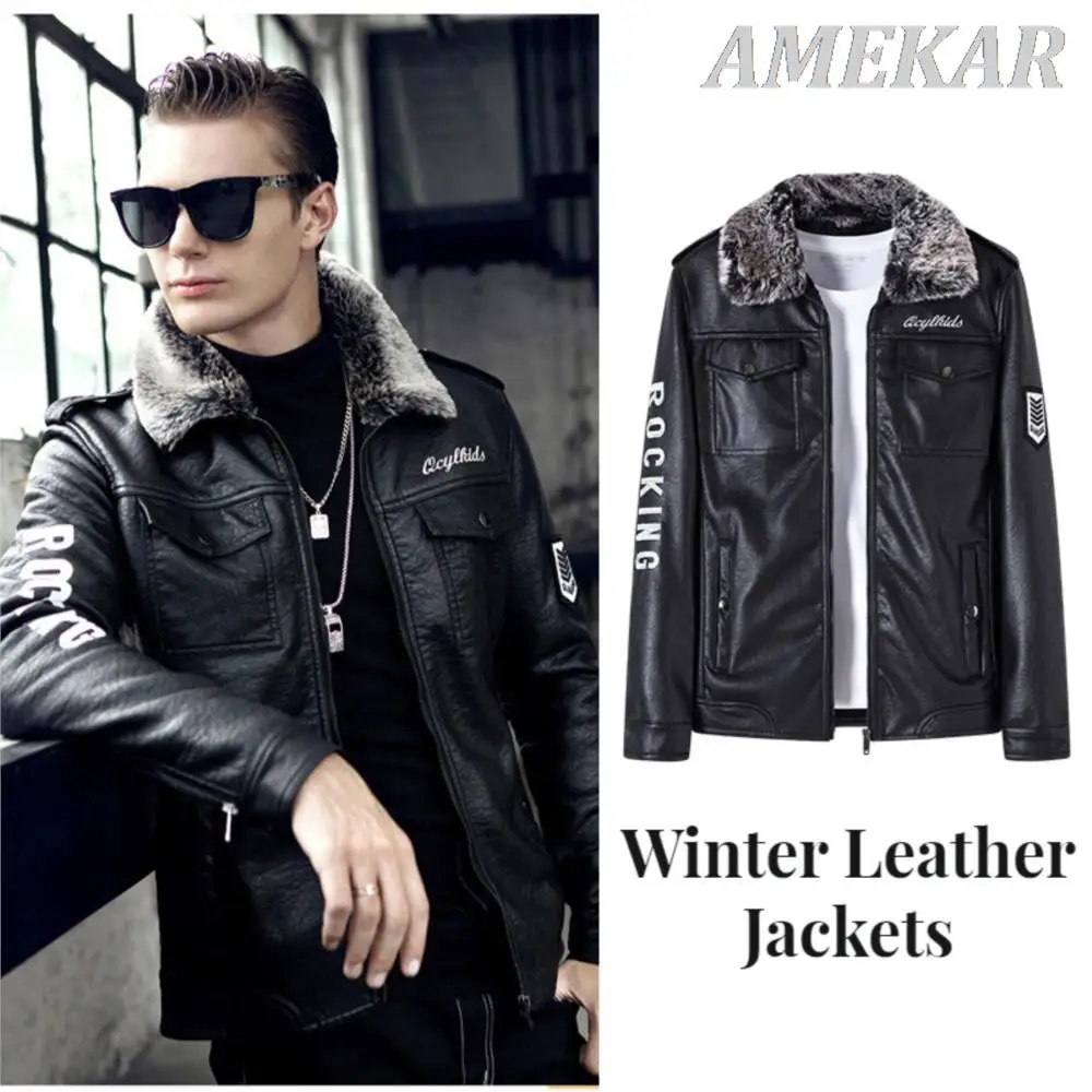 

Men's Leather Jackets Bomber Motorcycle Clothes Zipper Pockets Mens PU Leather Jacket Fur Collar Black Men Clothing Brand Winter
