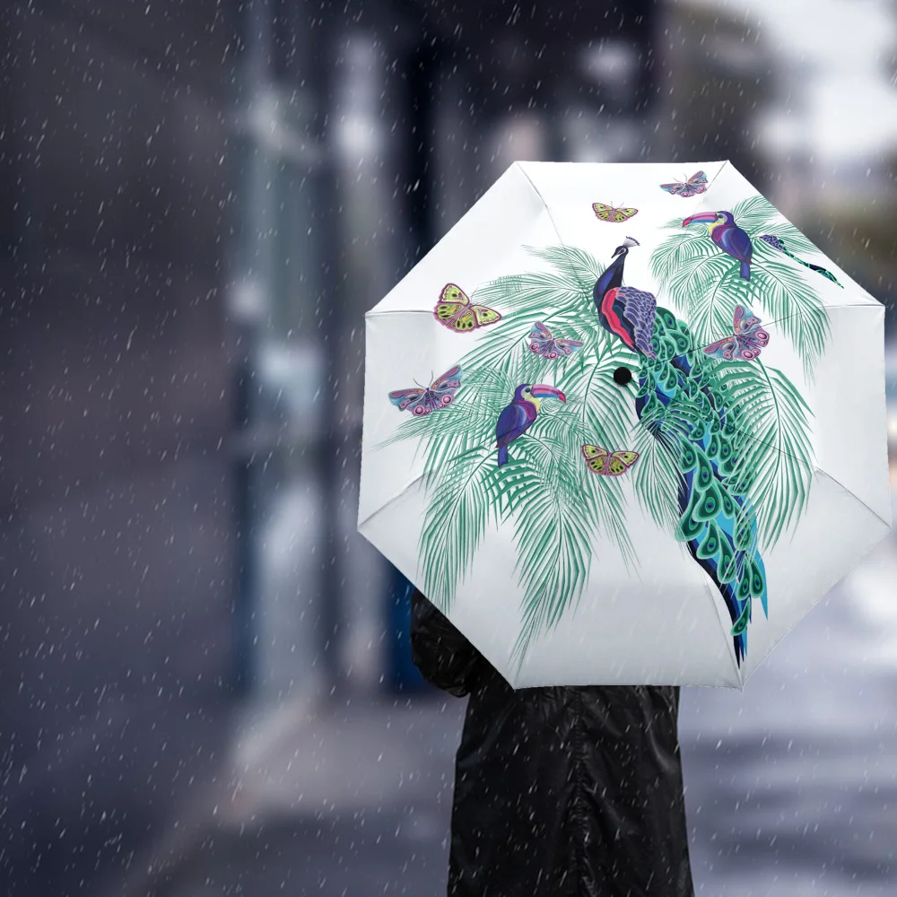 Зонт для дождя и солнца, полностью автоматический, складной, с рисунком павлиньего пера, для женщин и мужчин, с восемью спицами.