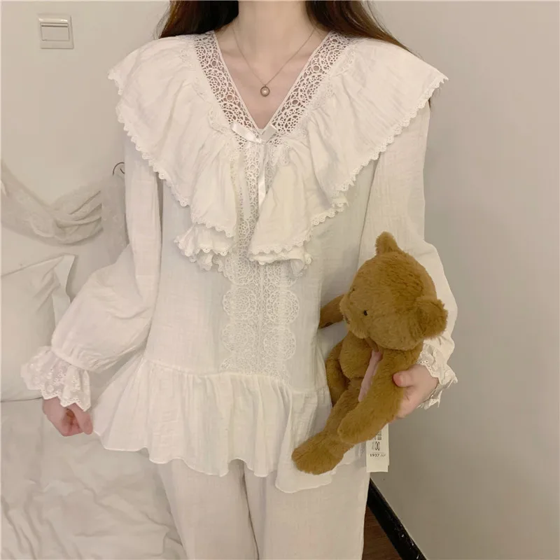 Court Style 2 Piece Set Pajamas Kawaii Women Autumn New Lace Long Sleeve Comfortable Sleepwear V-Neck Cotton Home Wear