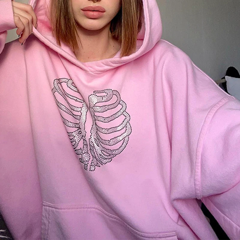 

Повседневные уличные толстовки Y2K, свитшот, Женский Блестящий пуловер с капюшоном и бриллиантами, осенне-зимние топы с длинным рукавом и карманами, джемпер