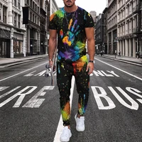 2022 summer new men short sleeve shirt top 3d print gradient trendy comfortable autumn trousers daily home casual outfit two set