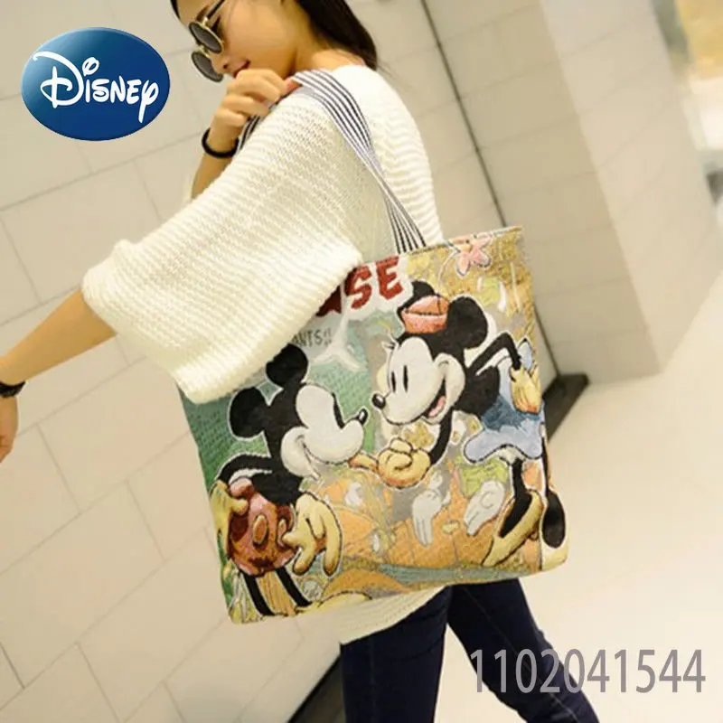 Disney Tote Bag Large Capacity Durable Mickey Canvas Pooh Bear Cartoon Embroidery Shopping Shoulder Handbag for Girl