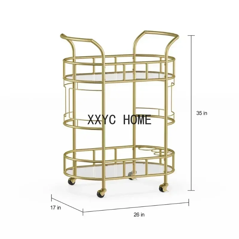 Барная тележка с матовой золотой металлической отделкой 2-х ярусная на колесиках