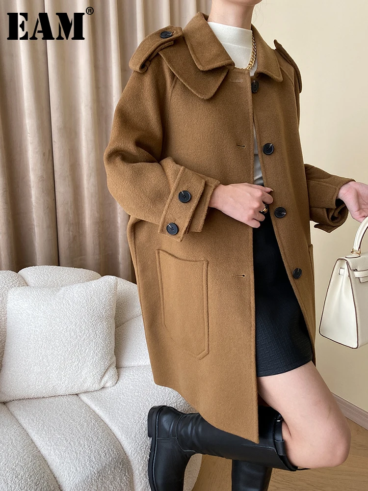 

[EAM] Loose Fit Camel Pocket Big Size Warm Woolen Coat New Lapel Long Sleeve Women Jacket Fashion Autumn Winter 2023 1DH0895