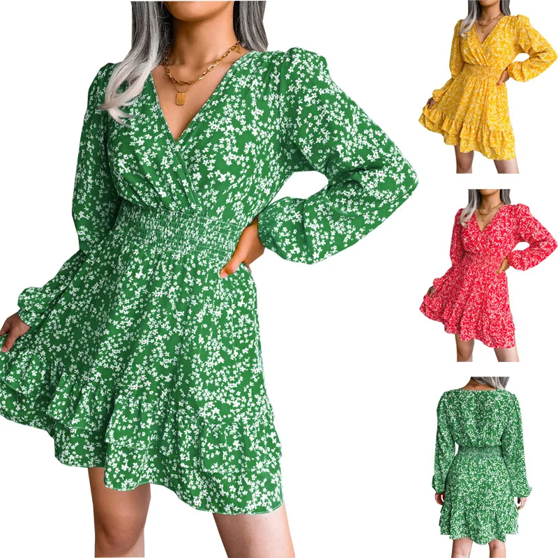 

2022 spring and summer fashion European and beautiful women's new v-neck sexy floral chiffon dress women