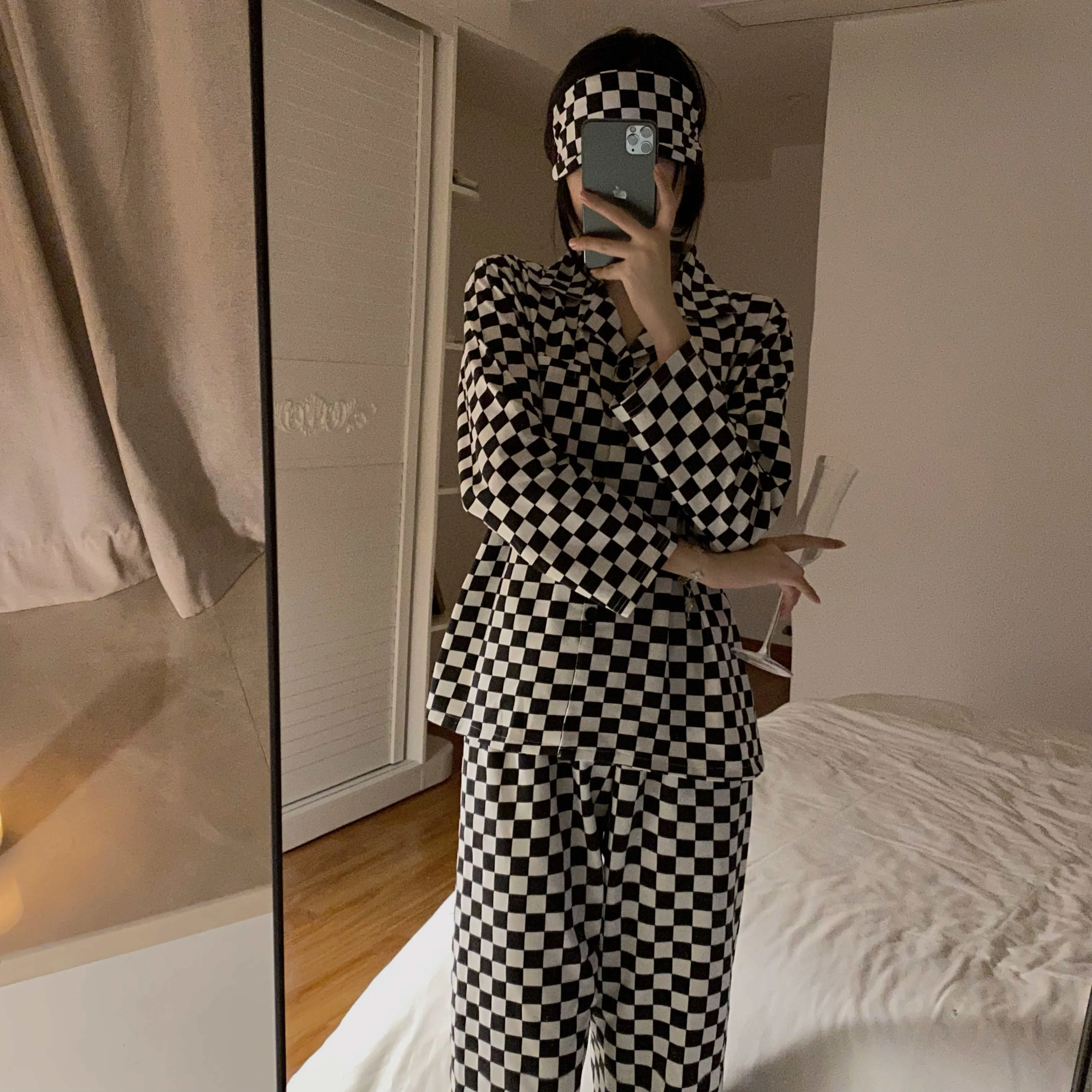 

Korean Plaid Print Pajamas Set for Women Spring Lovely Button Lapels Girls Nightwear Loose Casual Long Sleeve Top Home Wear