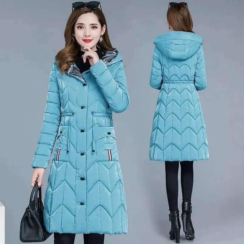 

Модные новые зимние куртки, плотные теплые женские парки, блестящий пуховик с хлопковой подкладкой, облегающая верхняя одежда с капюшоном средней длины, женские пальто