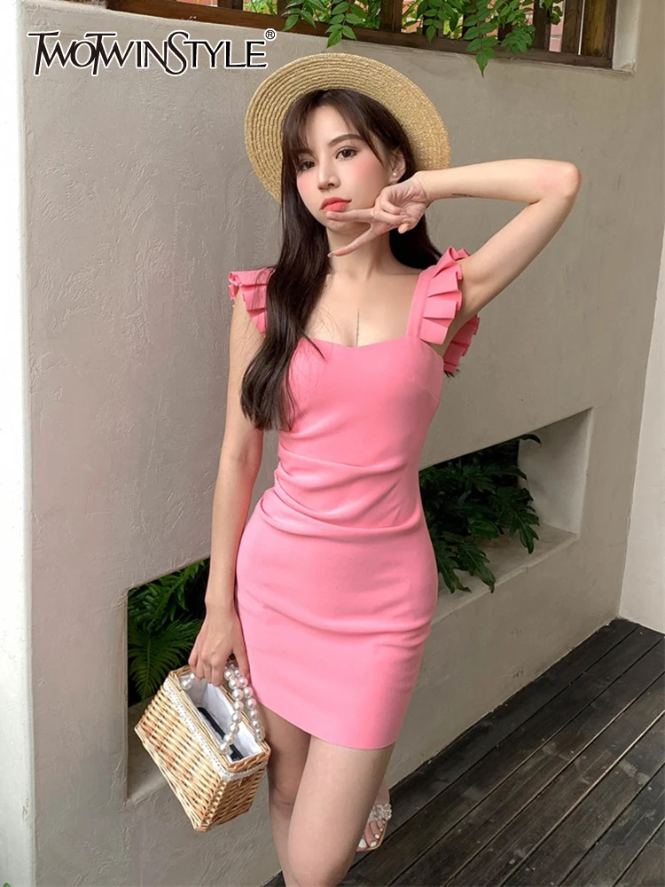 

Женское мини-платье TWOTWINSTYLE, летнее облегающее платье с квадратным воротником, рукавами-крылышками и высокой талией в Корейском стиле, новин...