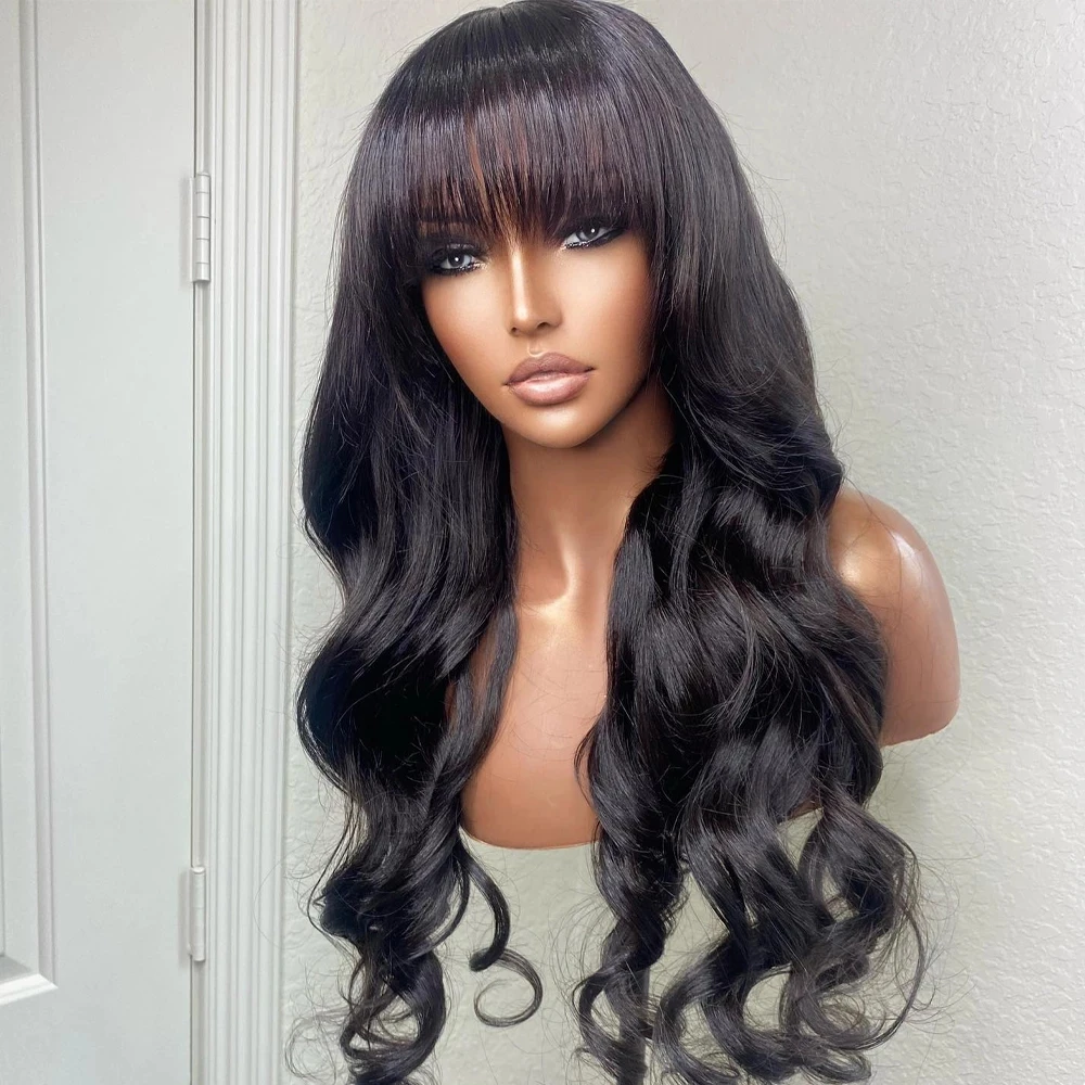 

Brazilian Soft Body Wave Glueless Synthetic Lace Front Wigs with Bangs 26Inches 180Density Fringe Natural Black Hair Pre Plucked