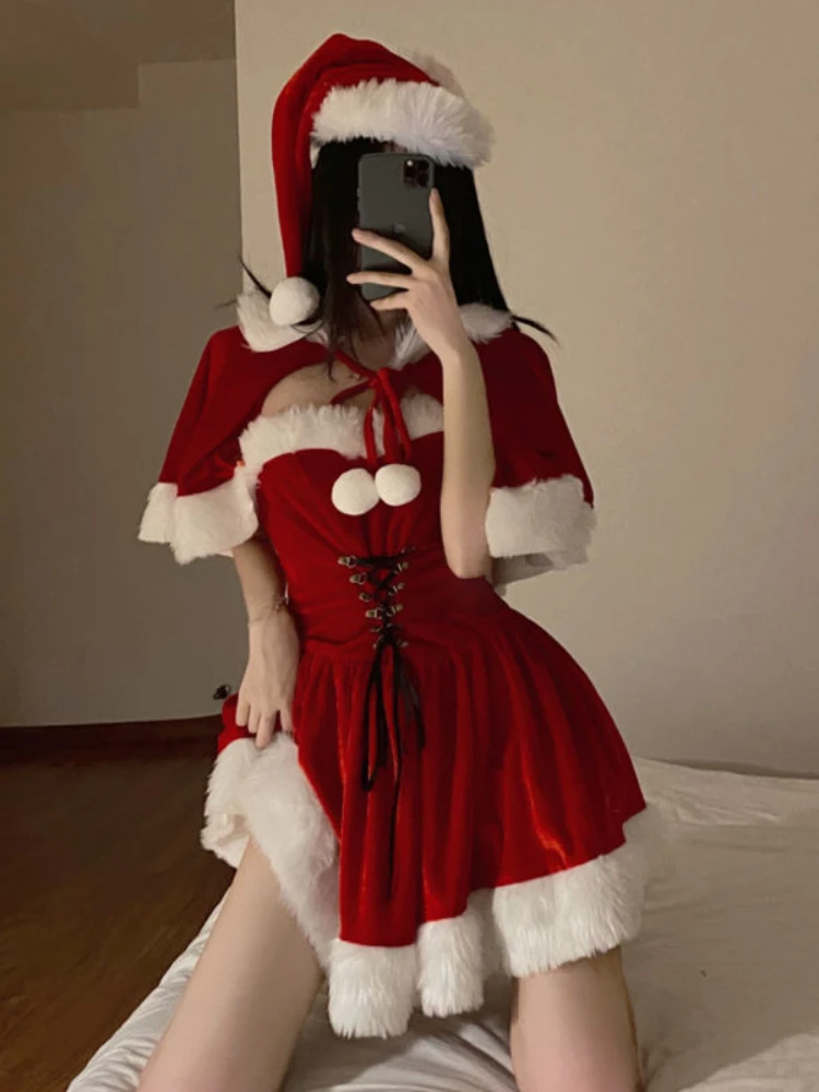 

2022 модный костюм моды Клауса, женское рождественское однотонное платье для вечерние, сексуальные костюмы наряды Санта с капюшоном, T397