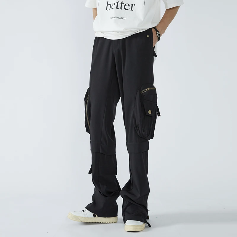 

Ankle Zipper Multi-pockets Streetwear Retro Mens Cargo Pants Straight Harajuku Solid Color Loose Casual Trousers Hip Hop