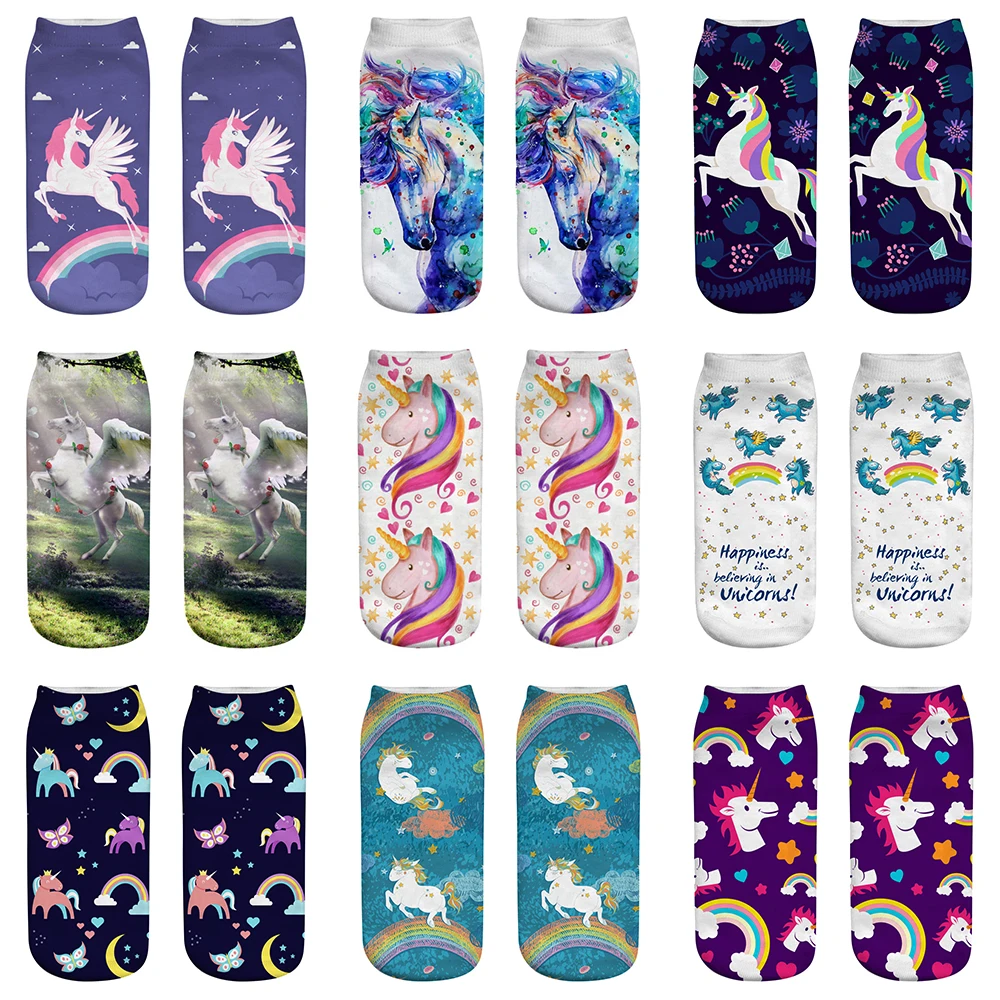 

3Pairs 3D Print Unicorn Socks Women Kawaii Ankle Licorne Chaussette Femme Casual Popular Cartoon Calcetines Mujer Cute Funny Sox