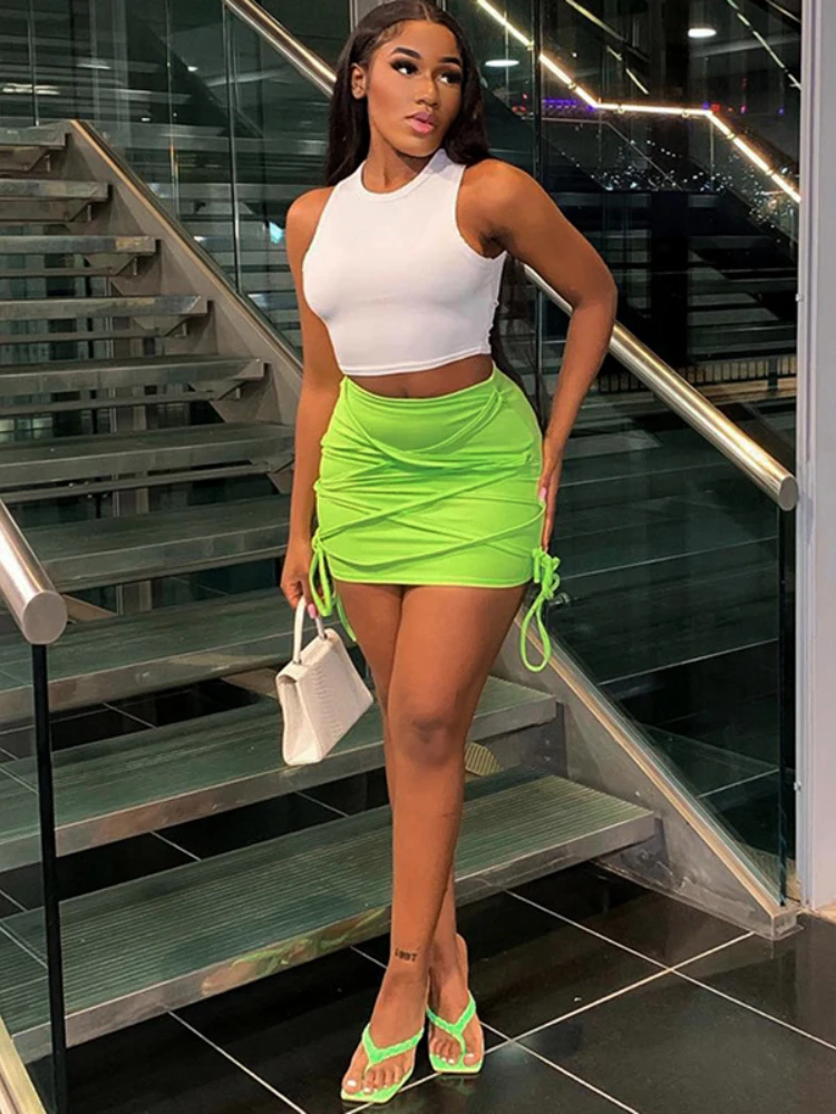 

Green Bandage Skirt Lace Up Y2k Clothes Summer Fashion Solid Color Rope Casual Hight Waist Skinny Chic Mini Skirt Women Clothing