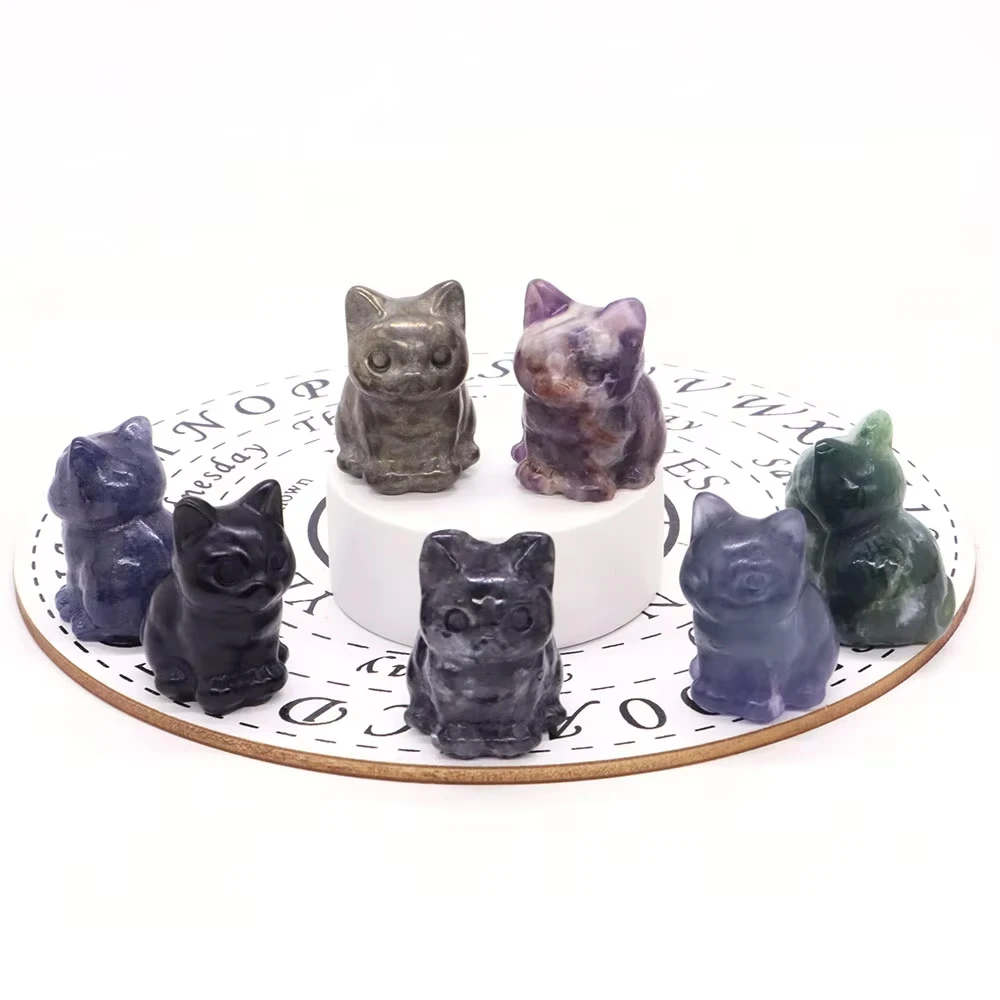 Фигурки кошек из черного обсидиана, аметиста и розового кварца
