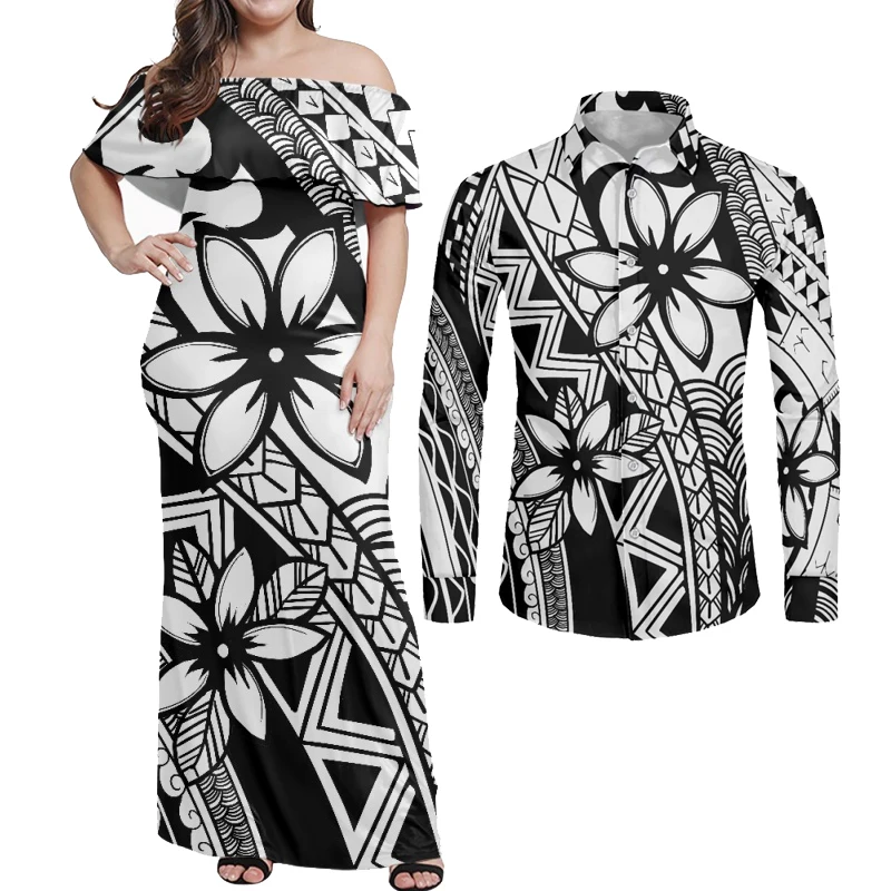 

HYCOOL Polynesian Dress And Shirt For Wedding Party Hibiscus Print Sexy Off Shoulder Black And White Dress For Women Beach Dress