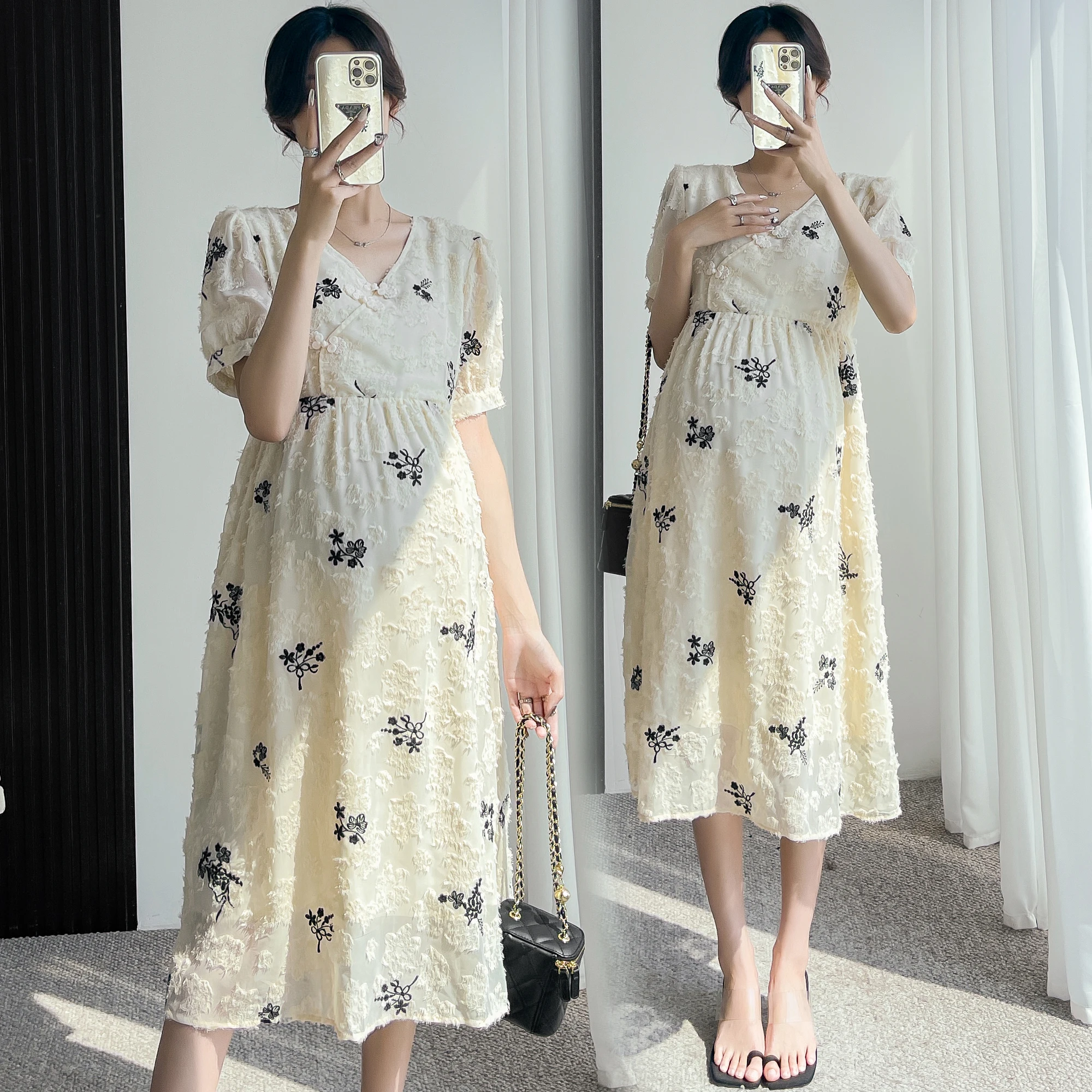 

9101# 2023 Summer Korean Fashion Maternity Dress Elegant A Line Slim Clothes for Pregnant Women Chic Ins Pregnancy