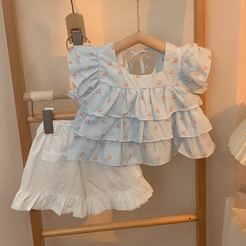 

Girls Top and Bottom Set Summer Kids Cherry Print Layered Shirt with White Shorts 2Pcs Suit 3-7Y Children Fashion Korean Outfits