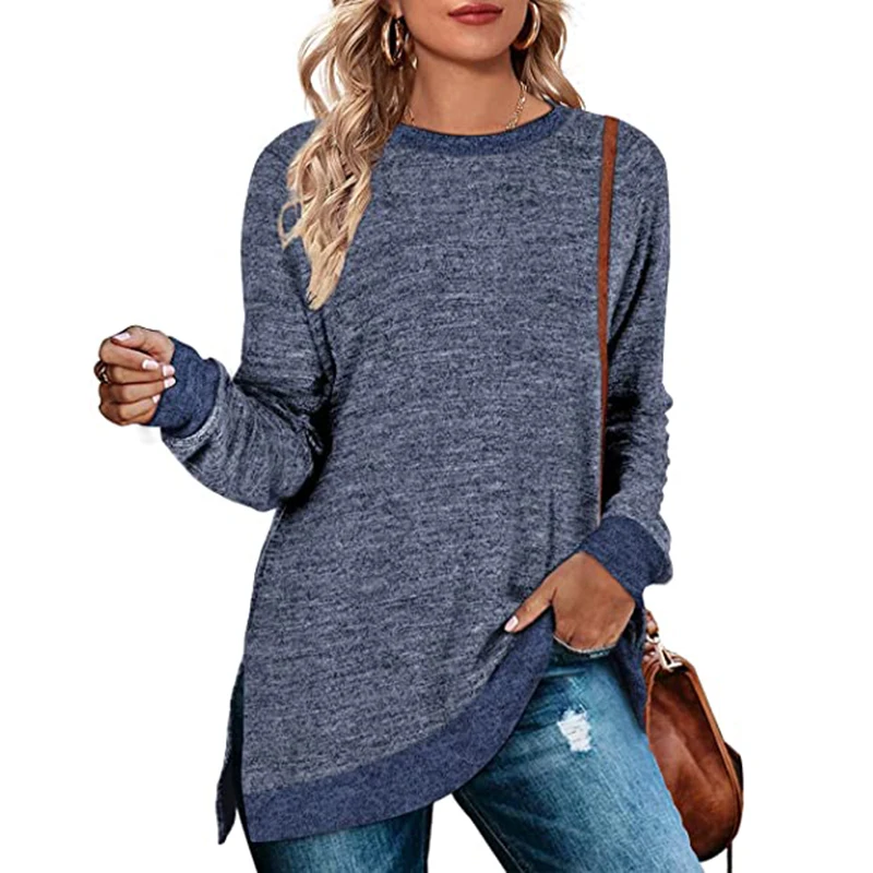 Women Long Sleeve Solid Soft Round Neck Split Hem Tops for Lady