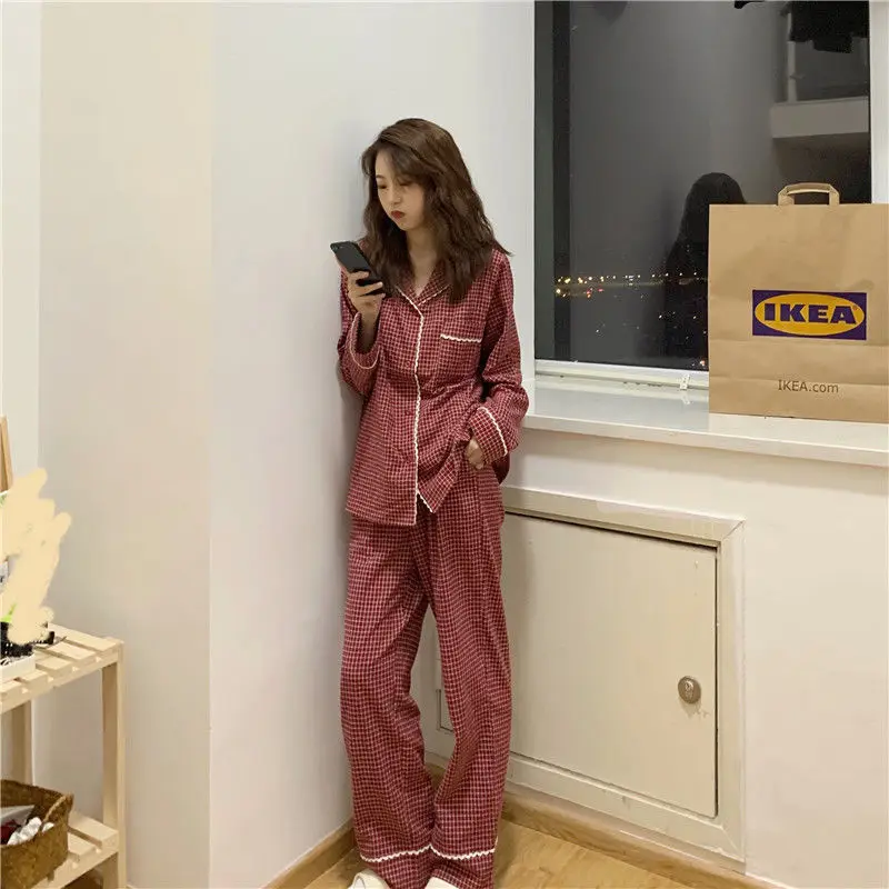 Japanese Pajama Women Long Sleeved Autumn Winter Sleepwear Set Red Plaid Pyjamas Girls Home Clothes for Female 2021 Homewear