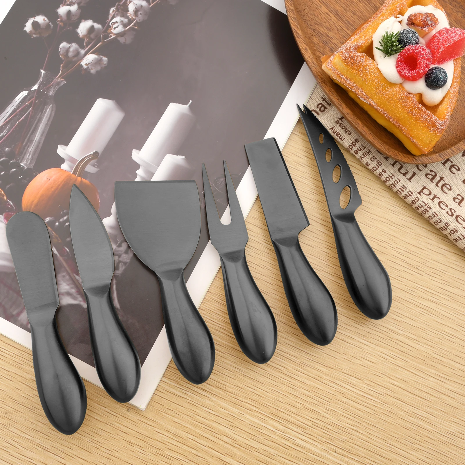 

Matte Cheese Knife Baking Tools Stainless Steel Flatware 1Pcs Black Multifunction Cheese Mini Fork Knife Cutlery Kitchen Gadgets