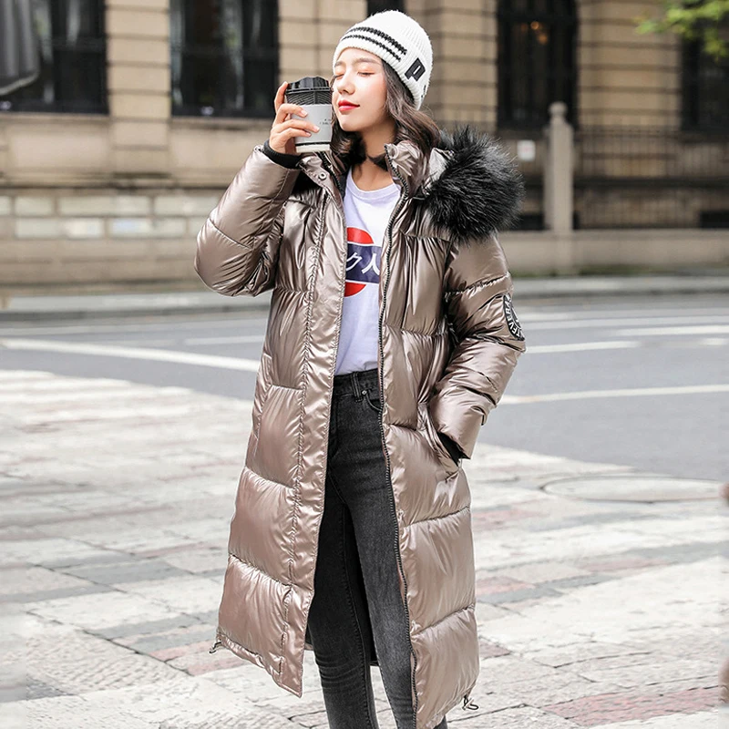 X-long Oversize Blue Down Jackets Thick Casual with Fur Parkas 2021 Winter Female Down Coats Hooded Solid Warm Snow Coats Women