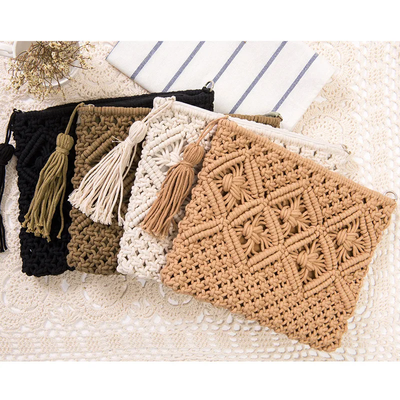

New Simple Tassel Straw Woven Bag Retro Summer Handmade Beach Bags for Women Ladies Clutches Rectangle Messenger Totes