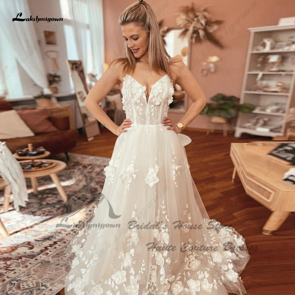 

Lakshmigown Princess 3D Flowers Lace Wedding Dress Vestidos2023 Corset V Neck Civil A Line Boho Bridal Gowns Spaghetti Straps