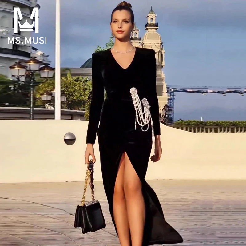 MSMUSI 2023 New Fashion Women Sexy Velvet V Neck Pearls Beading Chain Button Long Sleeve Bodycon Party Club Slit Maxi Dress Gown