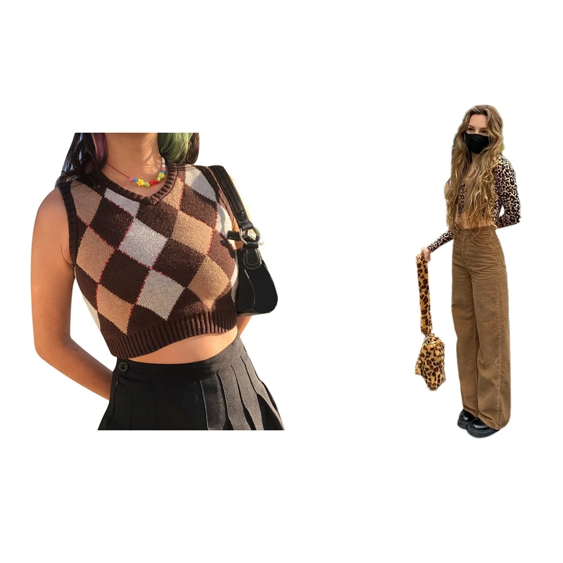 

1 Pcs Women's Wide-Leg Casual Trousers Khaki S Size & 1 Pcs Plaid Knitted Womens Sweater Vest S