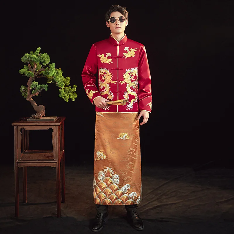 Traditional Vintage Bridegroom Wedding Dress Men High Quality Dragon Embroidery Tang Suit Clothing