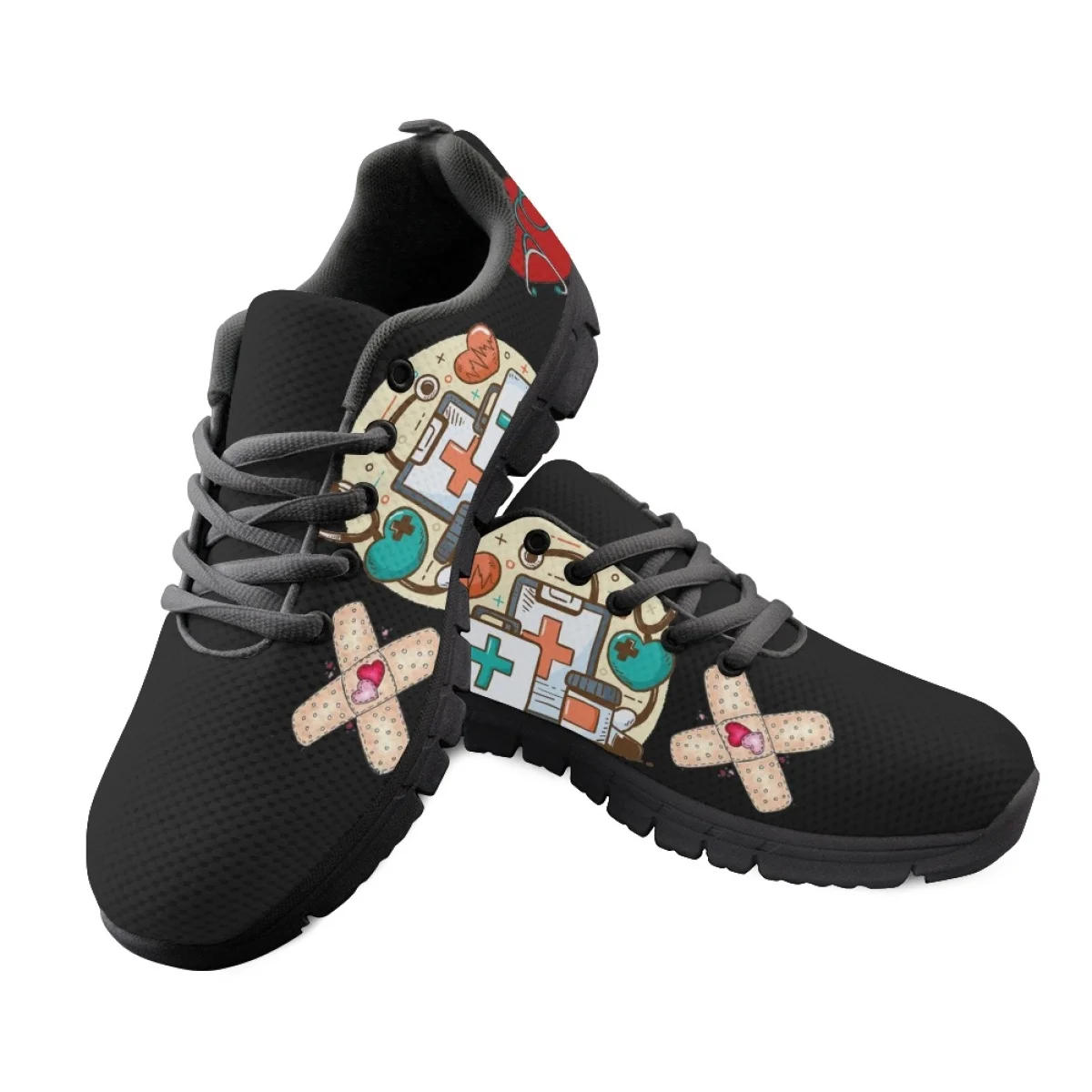 

INSTANTARTS Nurse Hospital Care Pattern Women Flats Shoes Mesh Lace Up Comfortable Walk Sneaker Female Footwear Nursing Shoes