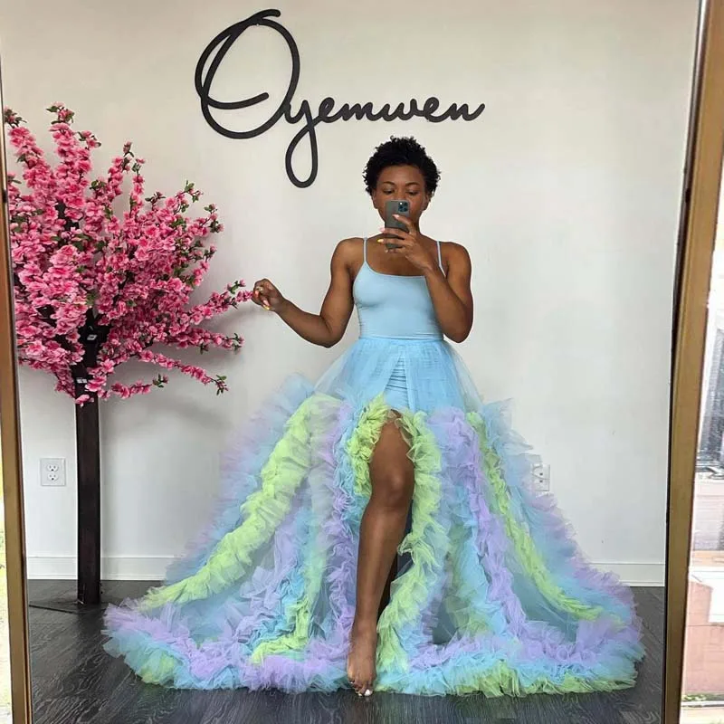 

Custom Made Colorful Pleated Ruffled Split Tulle Skirts Fully Tutu Ruffles Sweep Train Long Party Skirt Real Images