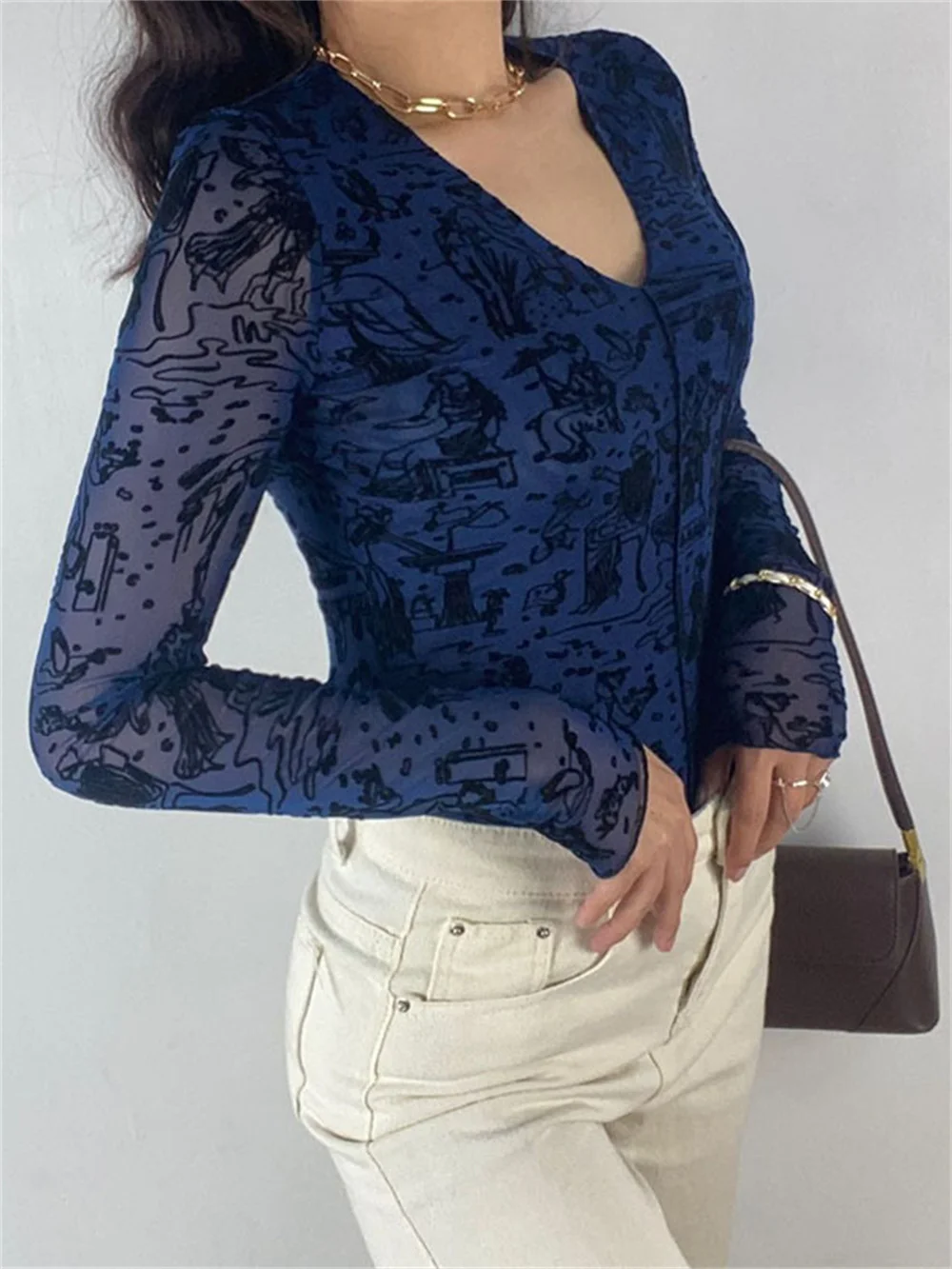

Cyber Y2k Printed Mesh Sheer Graphic T Shirts Cyberpunk Tee Grunge Clothes for Women Sexy Hot Girl Long Sleeve Trendy Crop Tops