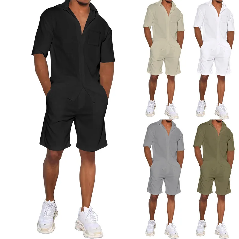 2023 Summer Short Sleeve Shorts Set Linen Thin Lapel Loose Solid Mens Set
