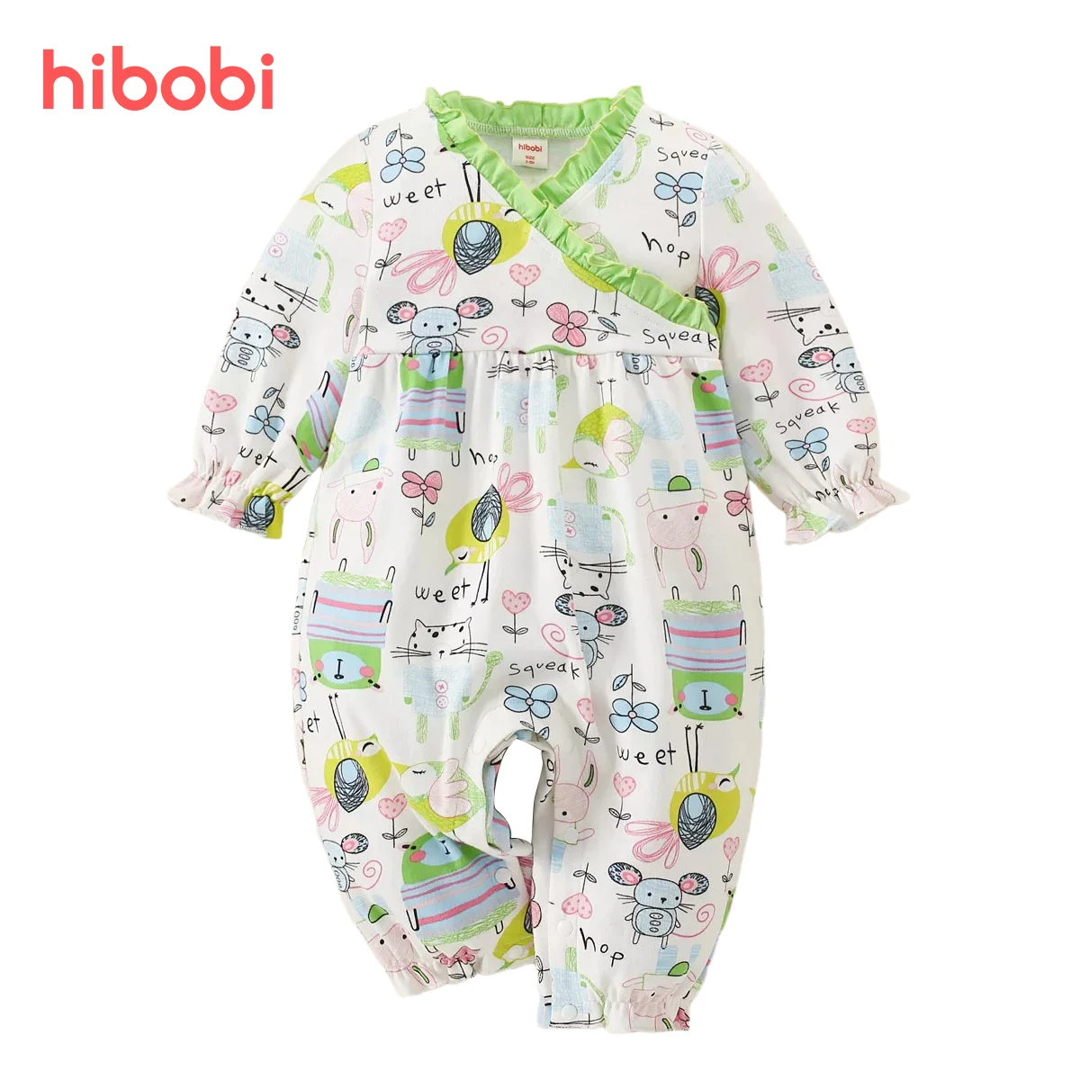 

hibobi Girl Baby Green Cute Animal and Floral Jumpsuit Spring & Autumn Baby Romper 0-18 Months Clothes One-piece