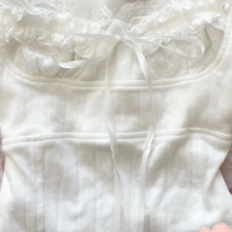 Фото Deeptown Sweet Kawaii белые футболки женские Shoujo модные кокетливые футболки с короткими рукавами и бантом корейский стиль кружевные лоскутные футболки №2