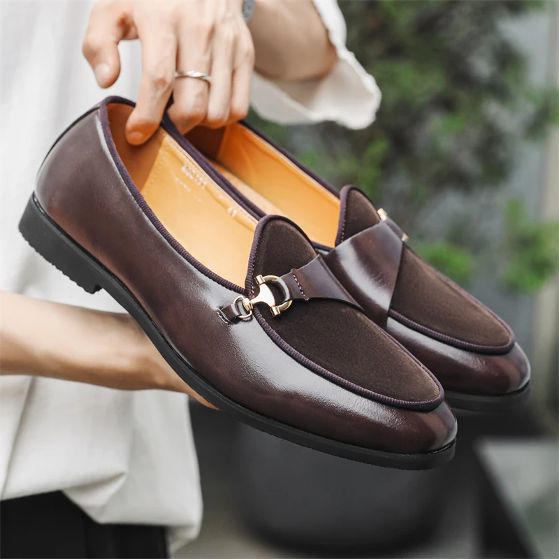 Туфли мужские кожаные без застежки брендовые удобные лоферы мягкая обувь для