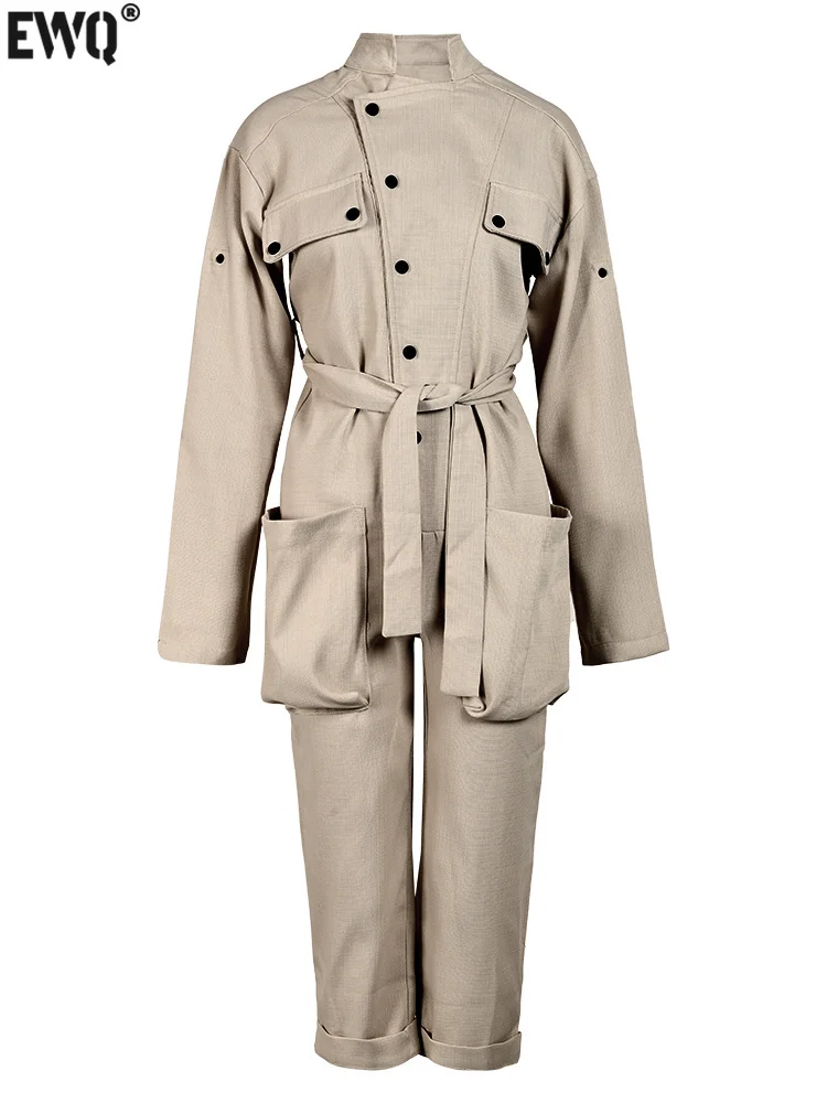 

[EWQ] Women 3D Pocket With Belt Jumpsuits Long Sleeve Single Breasted Big Size Party Jumpsuit 2023 Autumn Winter New 16U4141