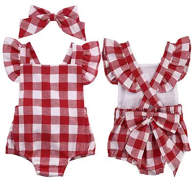 

Fashion Summer Plaid Red Checkerboard Toddler Newborn Romper Baby Girl Body Suit Sleeveless Ruffle Jumpsuit 0-18M